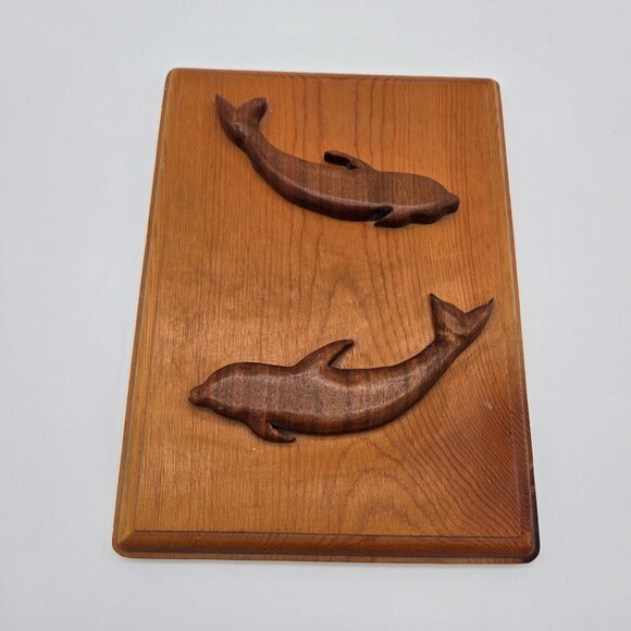 None Other - Mid Century Carved Teak Wood Dolphin Wall Hanging Art